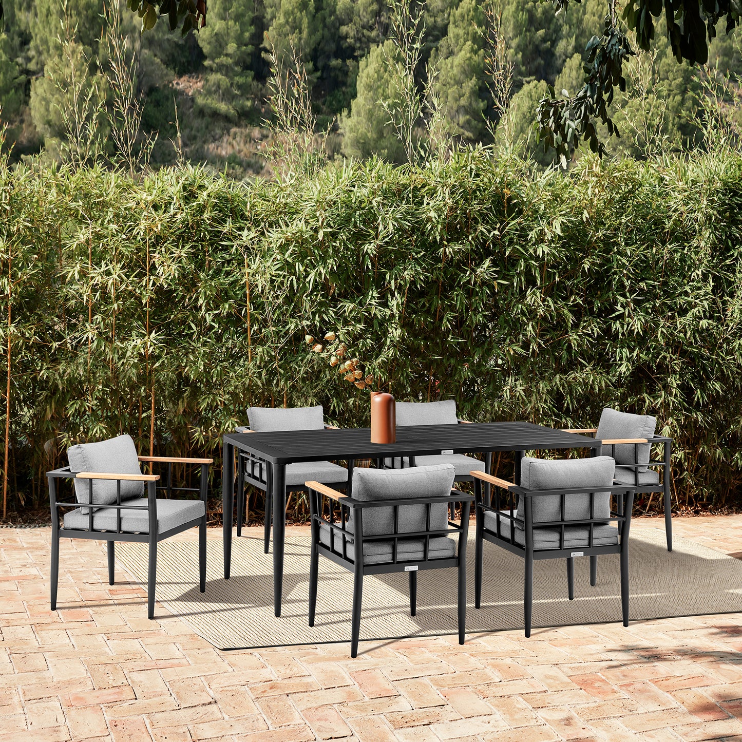 Beowulf Outdoor Patio 7-Piece Dining Table Set in Aluminum and Teak with Gray Cushions