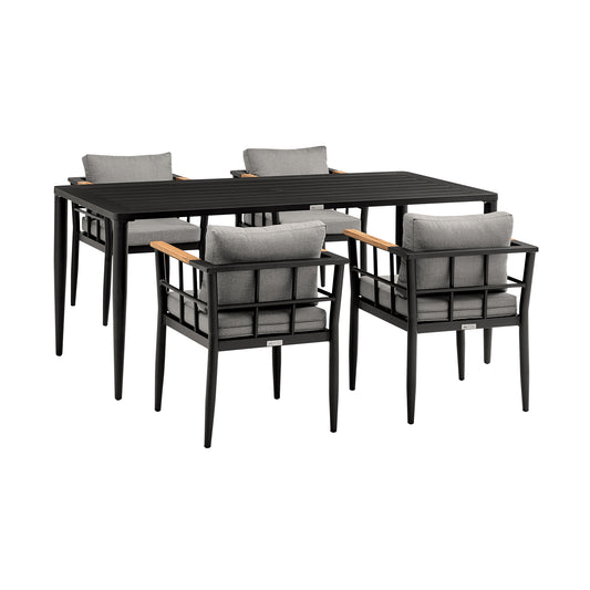 Beowulf Outdoor Patio 5-Piece Dining Table Set in Aluminum and Teak with Gray Cushions