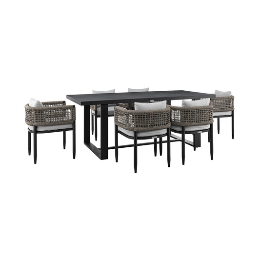 Felicia Outdoor Patio 7-Piece Dining Table Set in Aluminum with Gray Rope and Cushions