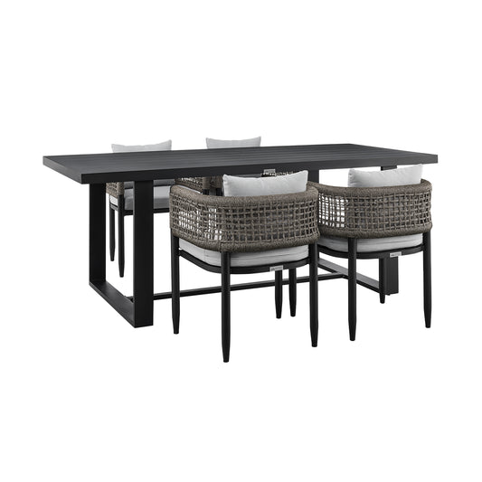 Felicia Outdoor Patio 5-Piece Dining Table Set in Aluminum with Gray Rope and Cushions