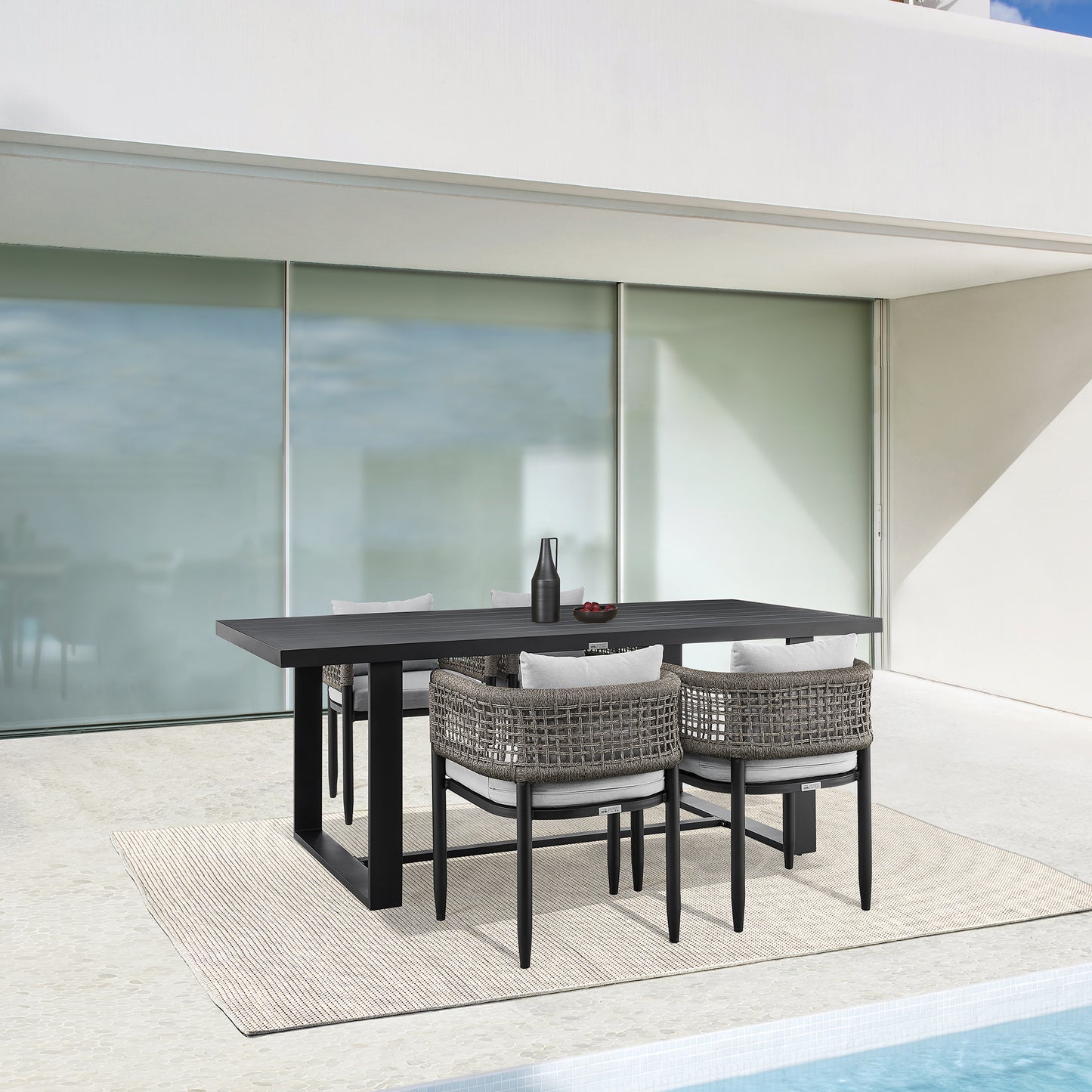 Felicia Outdoor Patio 5-Piece Dining Table Set in Aluminum with Gray Rope and Cushions