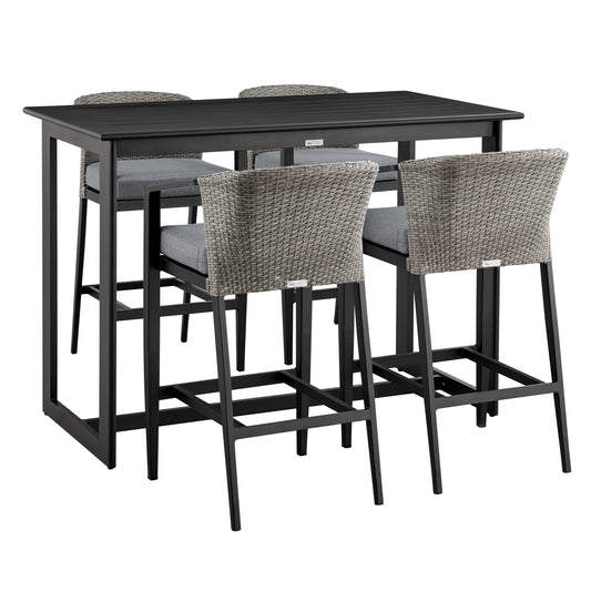 Aileen Outdoor Patio 5-Piece Bar Table Set in Aluminum with Gray Cushions