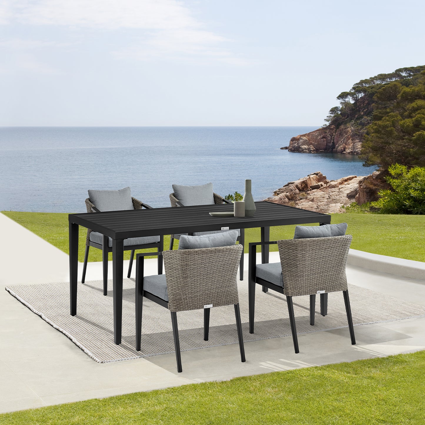 Aileen Outdoor Patio 5-Piece Dining Table Set in Aluminum and Wicker with Gray Cushions