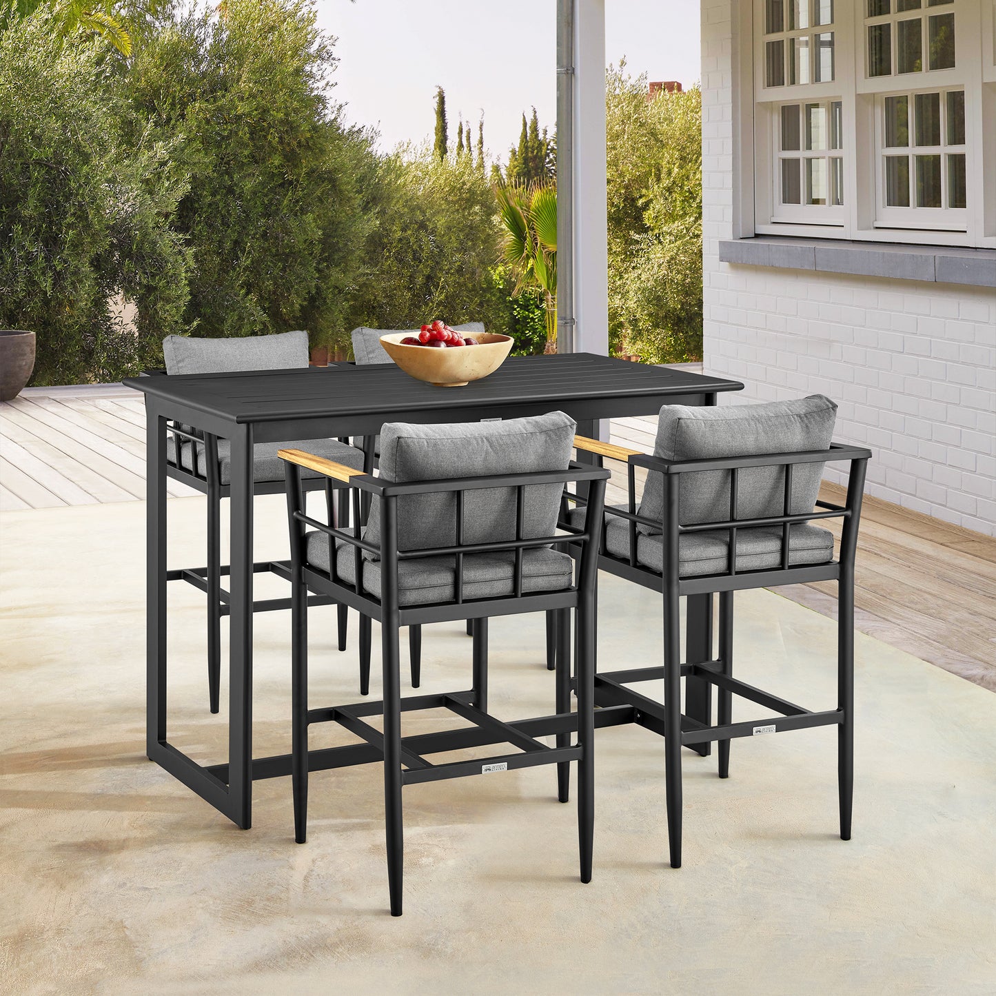 Wiglaf Outdoor Patio 5-Piece Bar Table Set in Aluminum with Gray Cushions