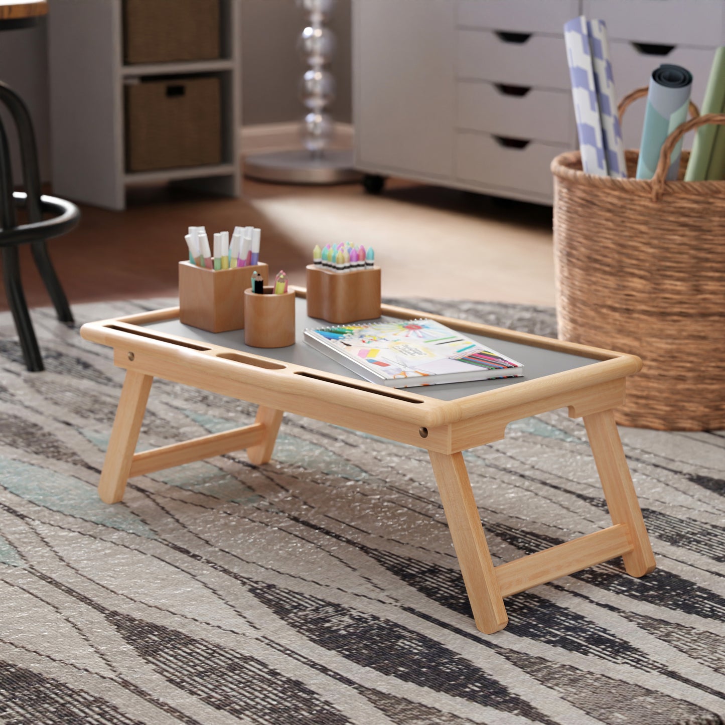 Arlo Breakfast Tray with Flip Top, Gray and Natural