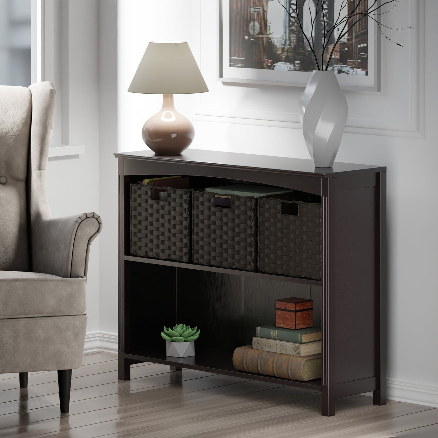 Terrace 4-Pc Storage Shelf with 3 Foldable Woven Baskets, Walnut and Chocolate A