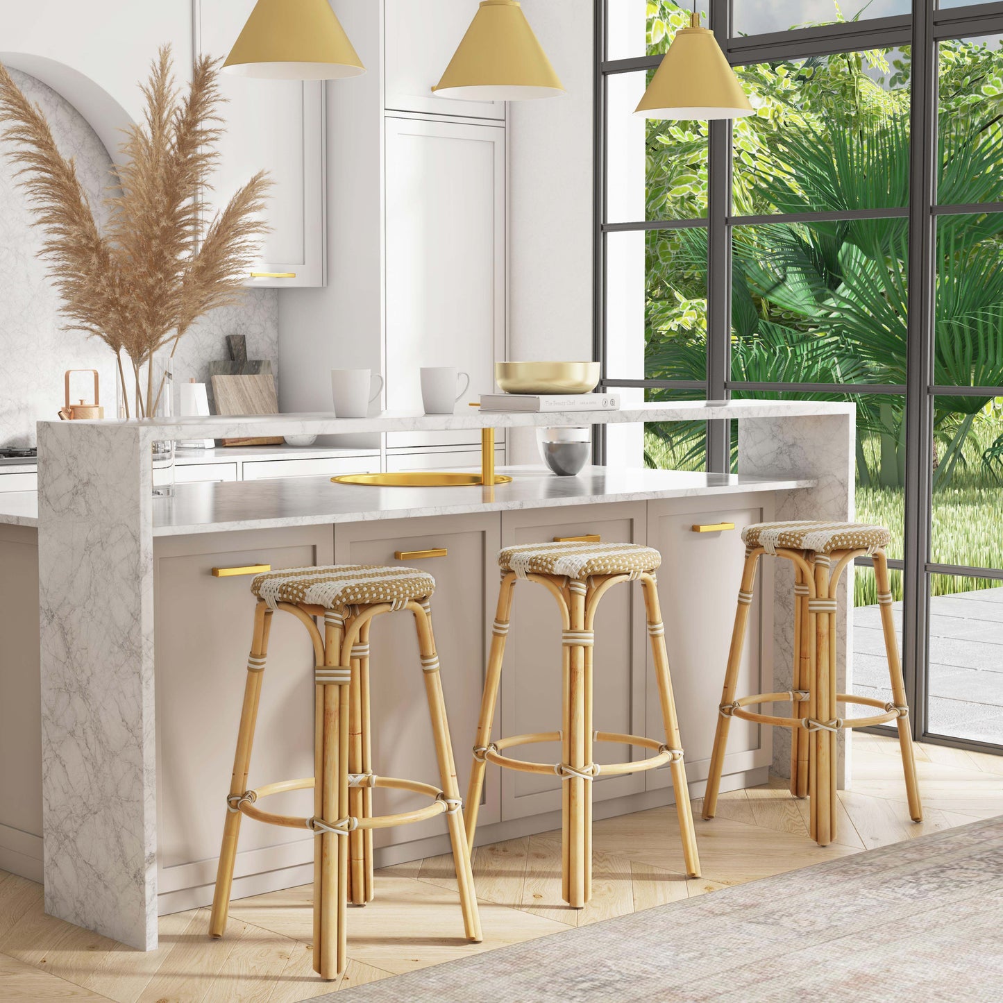 Tobias Round Rattan 30" Bar Stool in Tan and White Stripe 9370984