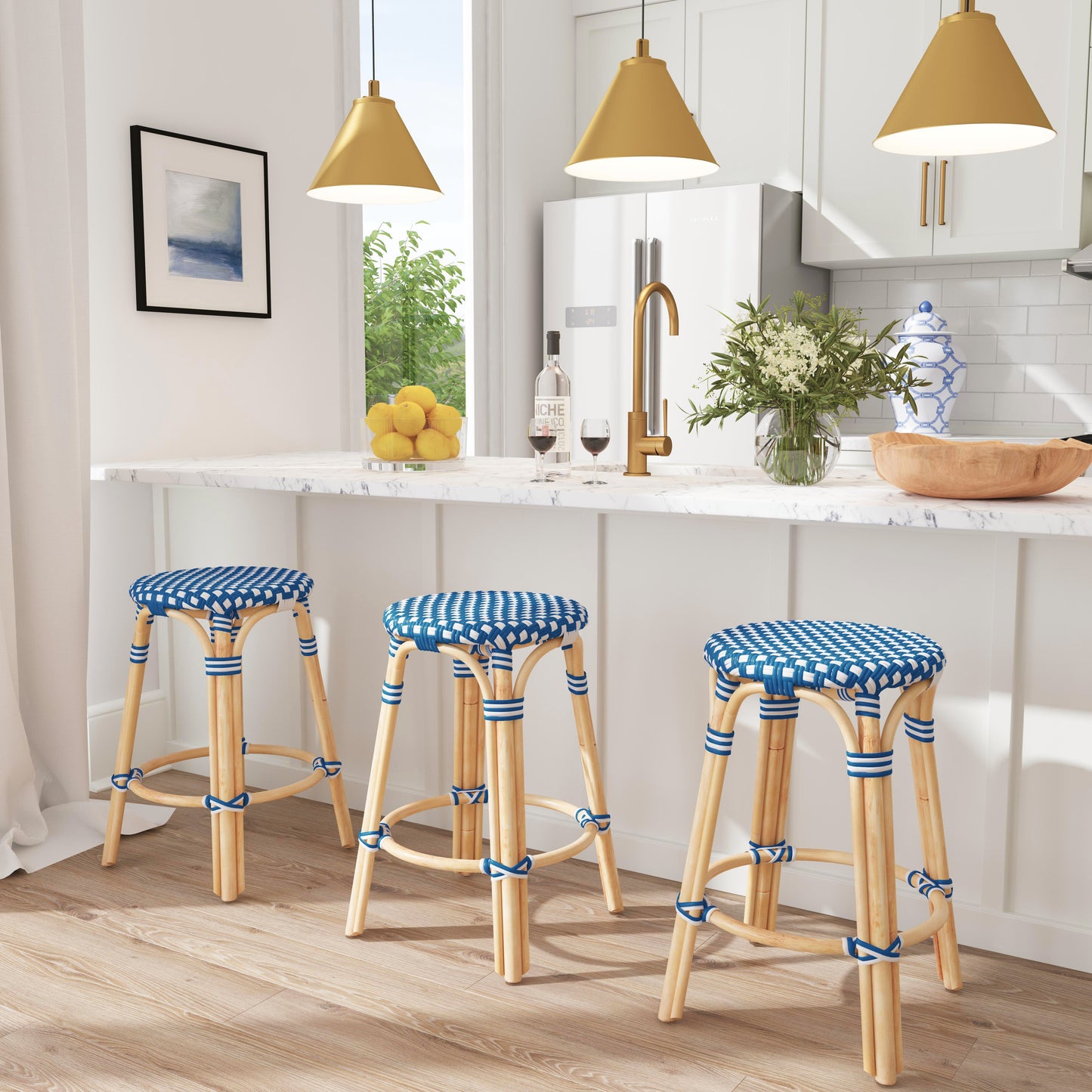 Tobias Rattan Round 24" Counter Stool in Blue and White Dot 9371303