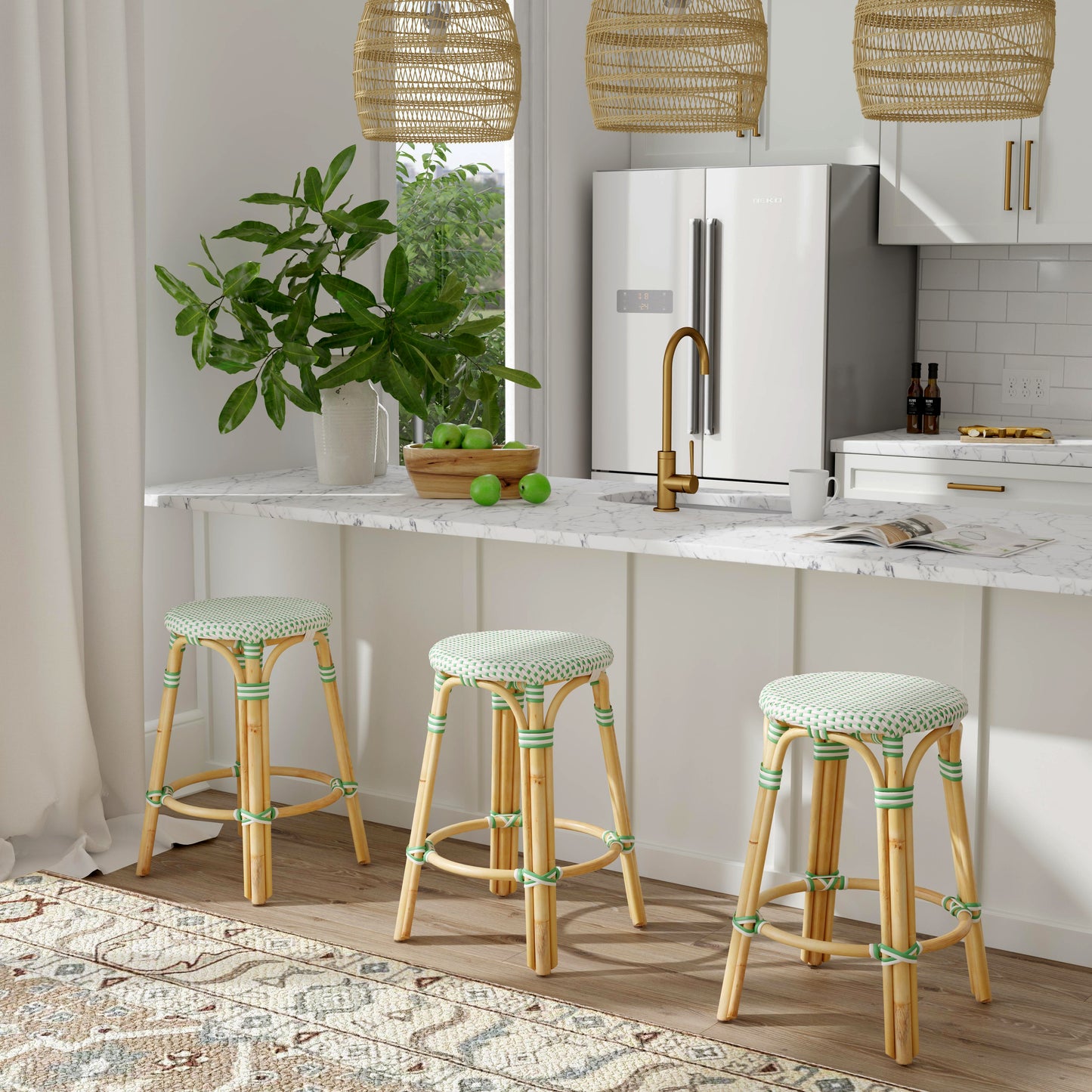 Tobias Rattan Round 24" Counter Stool in White and Green Dot 9371426