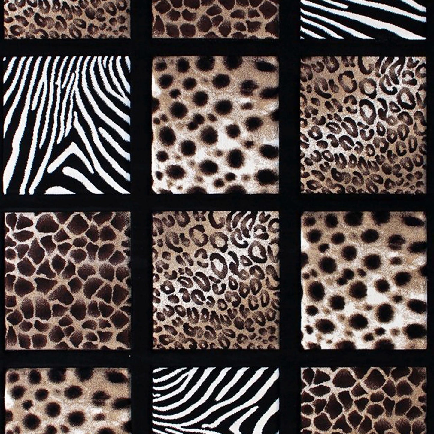 Menagerie Collection 5' x 7' Modern Animal Print Olefin Area Rug with Cheetah, Leopard, Zebra and Giraffe Design Raised Squares Black