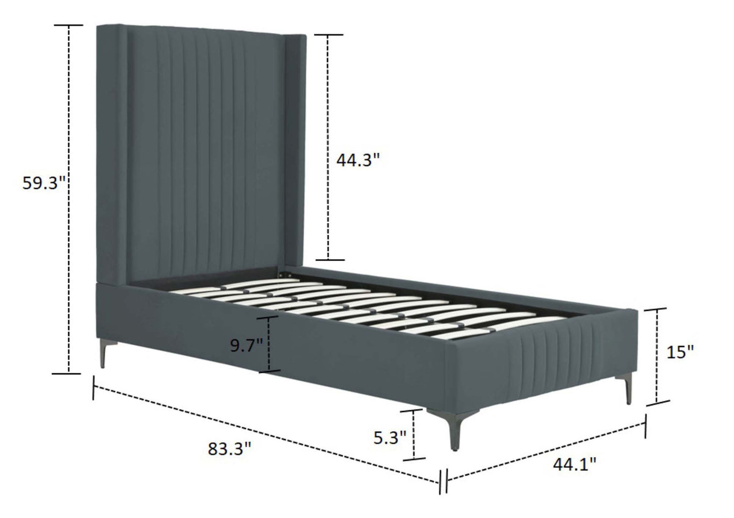 Manhattan Comfort Promenade Mid-Century Modern Velvet Upholstered Twin-Size Bed in Grey BD010-TW-GY