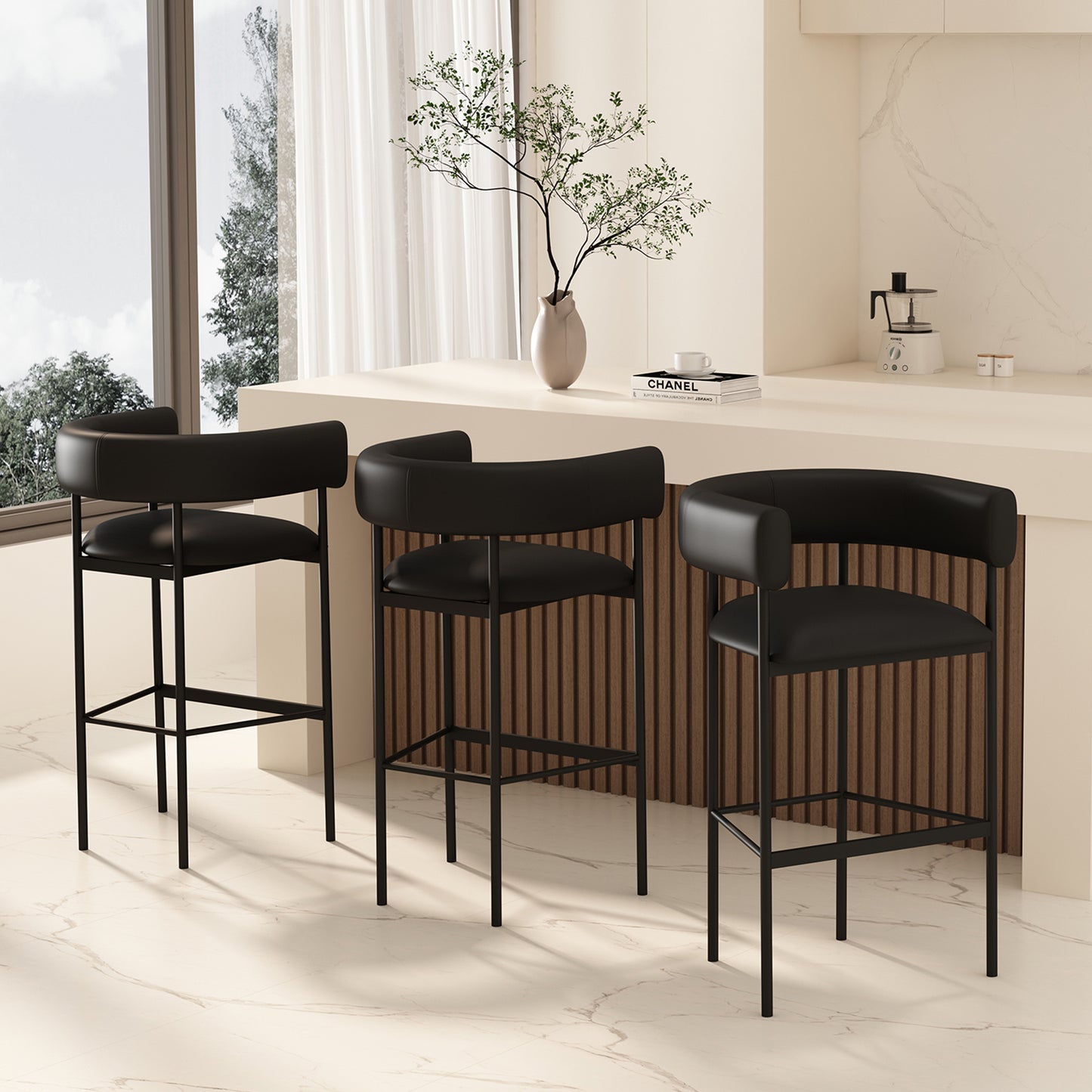Onda Contemporary Metal Upholstered Vegan Leather Barstool in Black BS1638-3