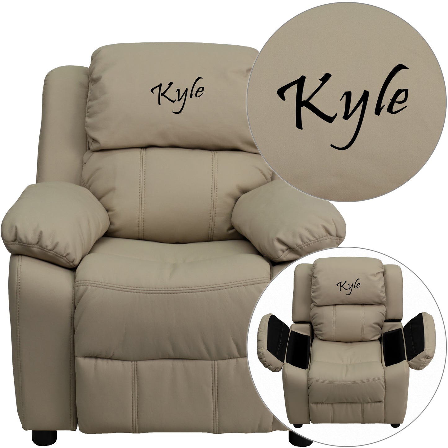 Personalized Deluxe Padded Beige Vinyl Kids Recliner with Storage Arms Beige Vinyl