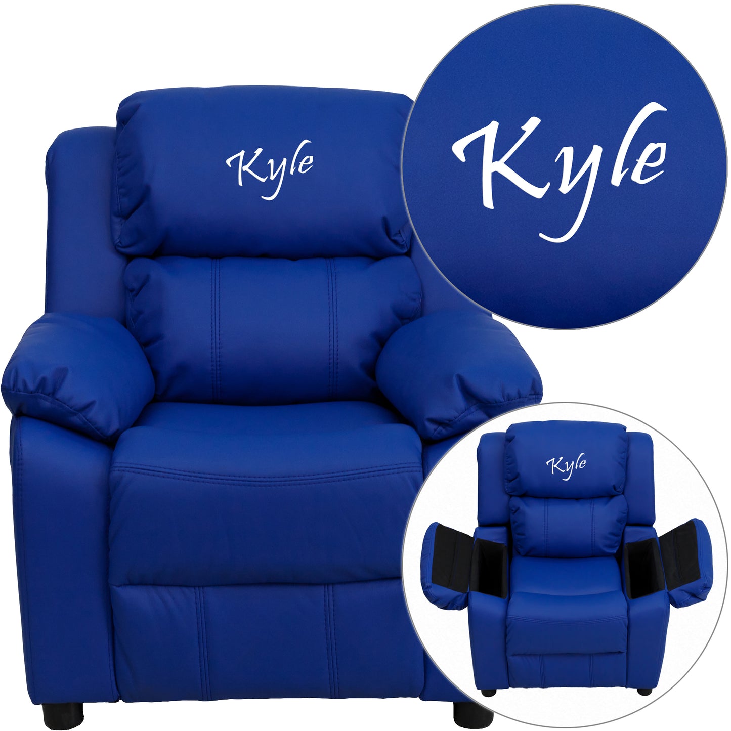 Personalized Deluxe Padded Blue Vinyl Kids Recliner with Storage Arms Blue Vinyl
