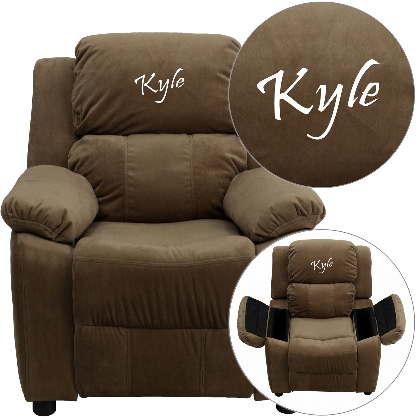 Personalized Deluxe Padded Brown Microfiber Kids Recliner with Storage Arms Brown Microfiber