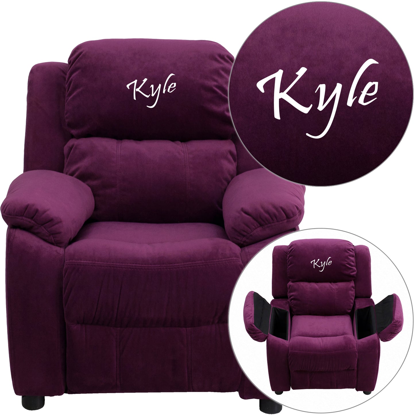 Personalized Deluxe Padded Purple Microfiber Kids Recliner with Storage Arms Purple Microfiber