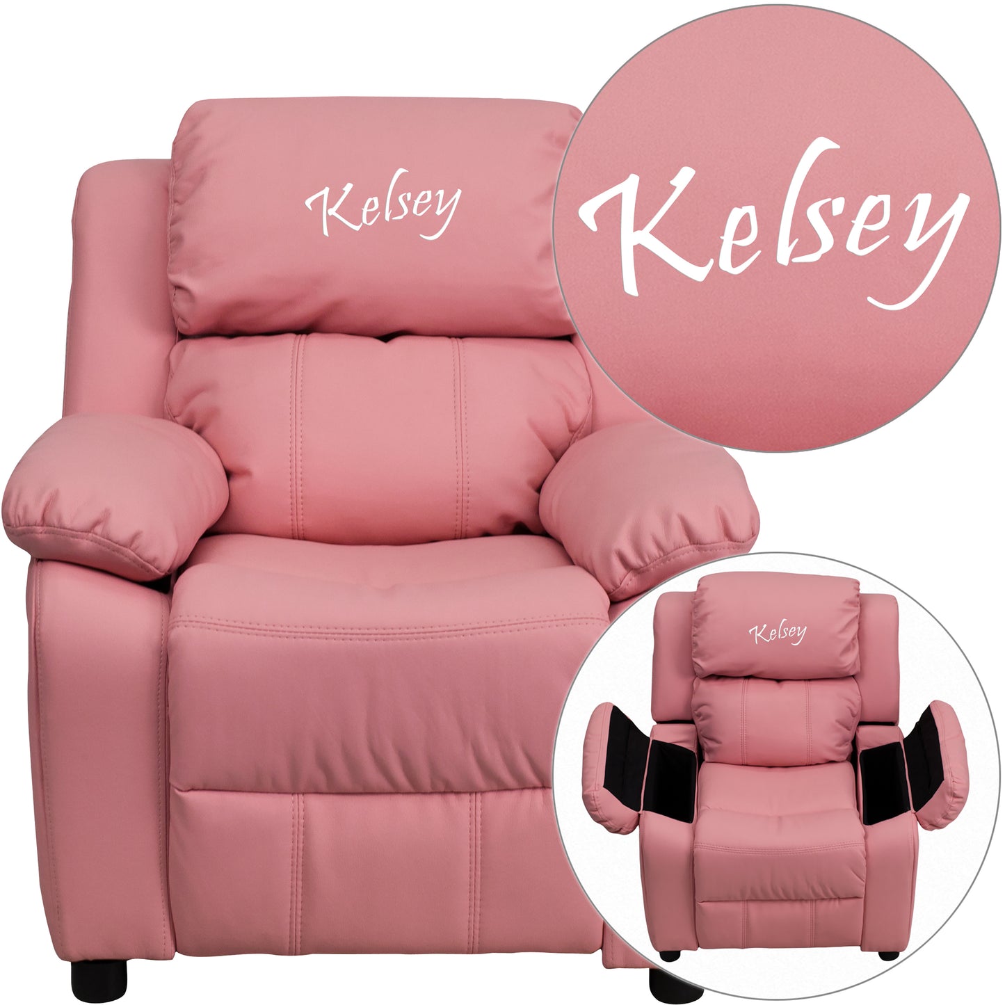 Personalized Deluxe Padded Pink Vinyl Kids Recliner with Storage Arms Pink Vinyl