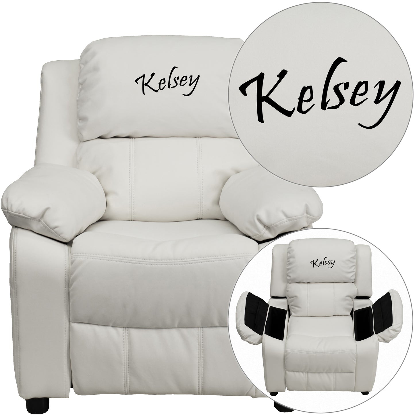 Personalized Deluxe Padded White Vinyl Kids Recliner with Storage Arms White Vinyl