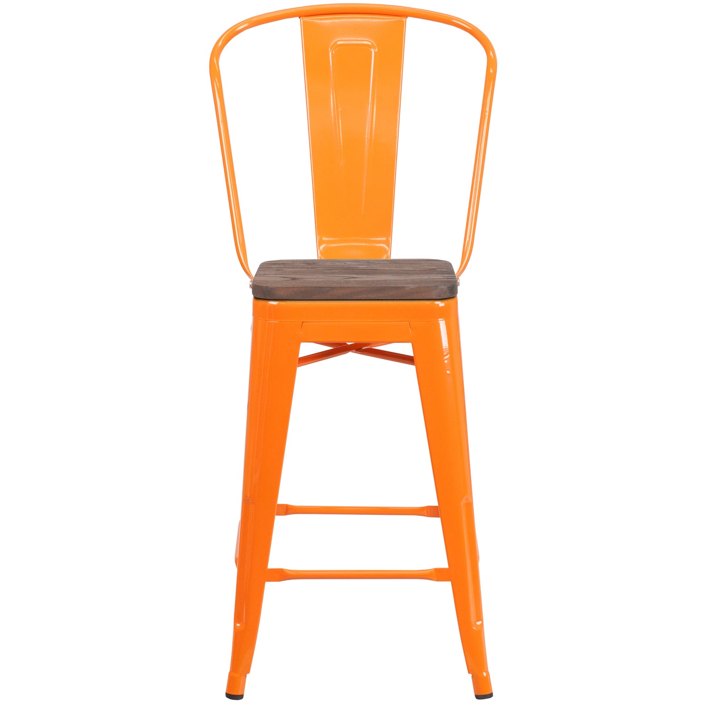 Lily 24" High Orange Metal Counter Height Stool with Back and Wood Seat Orange