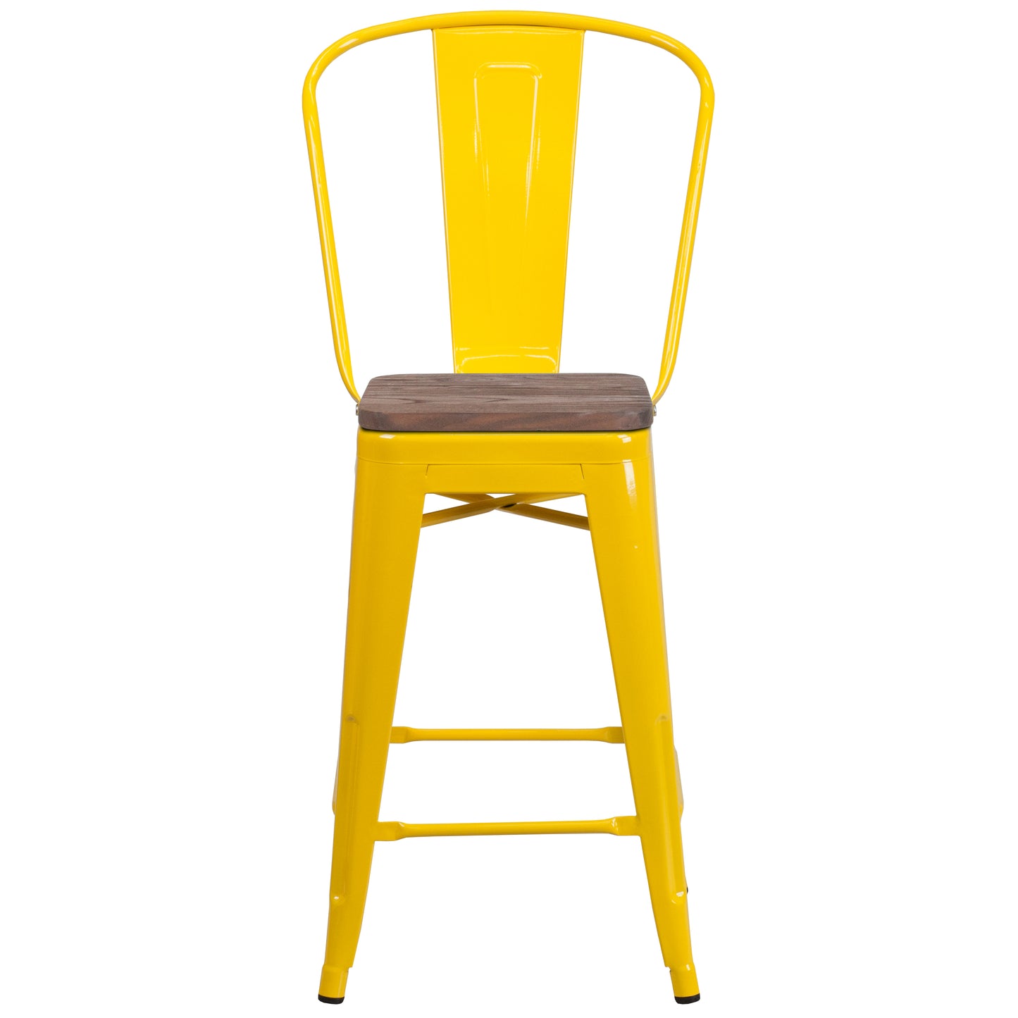 Lily 24" High Yellow Metal Counter Height Stool with Back and Wood Seat Yellow