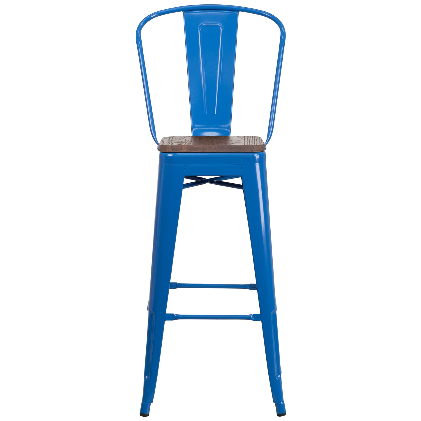 Lily 30" High Blue Metal Barstool with Back and Wood Seat Blue
