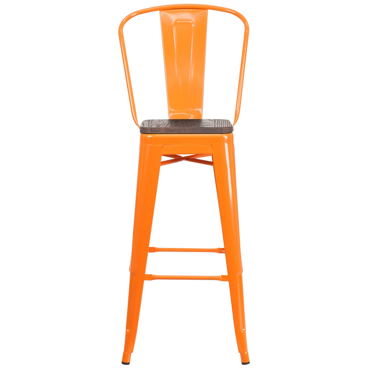 Lily 30" High Orange Metal Barstool with Back and Wood Seat Orange