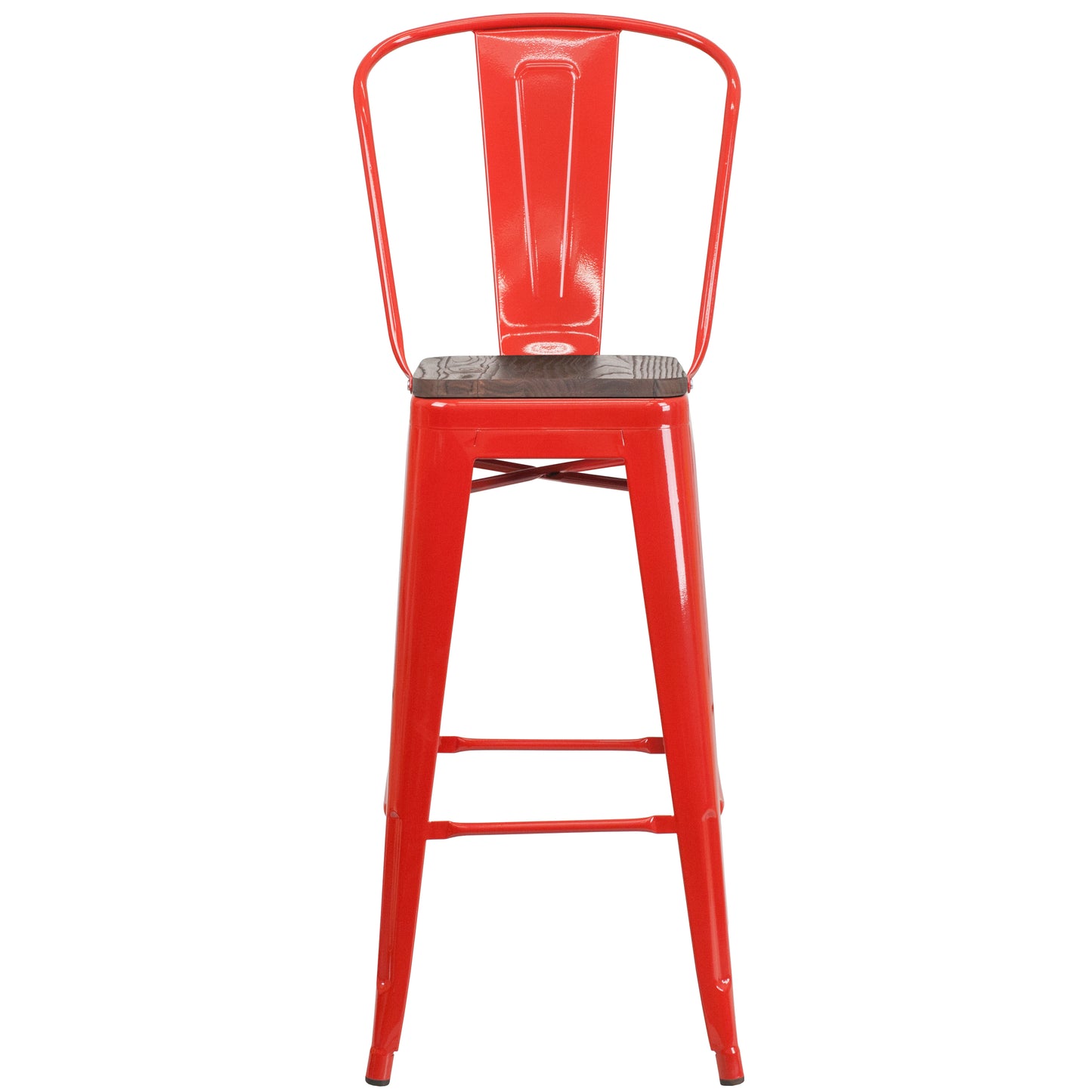 Lily 30" High Red Metal Barstool with Back and Wood Seat Red CH-31320-30GB-RED-WD-GG