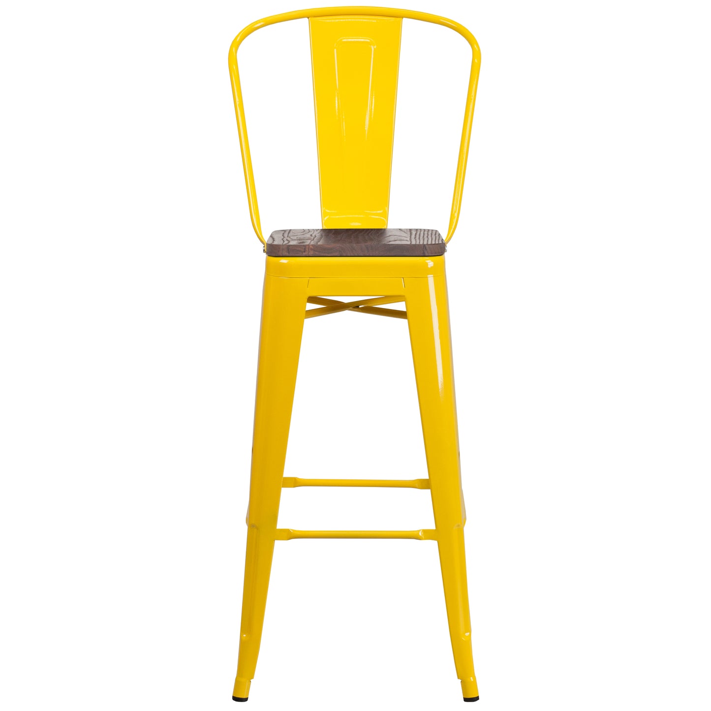 Lily 30" High Yellow Metal Barstool with Back and Wood Seat Yellow