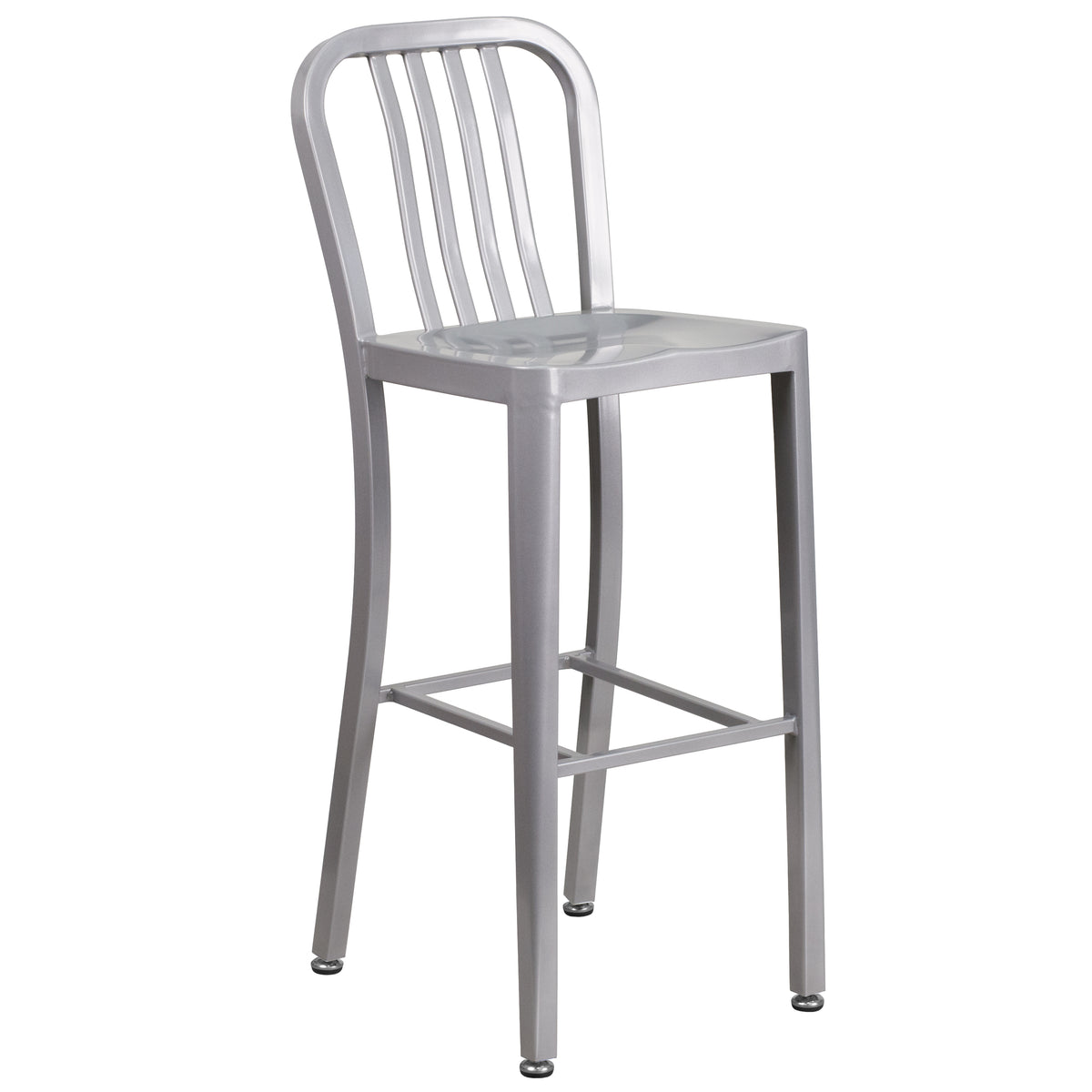 Tristan Commercial Grade 30" Round Silver Metal Indoor-Outdoor Bar Table Set with 4 Vertical Slat Back Stools Silver