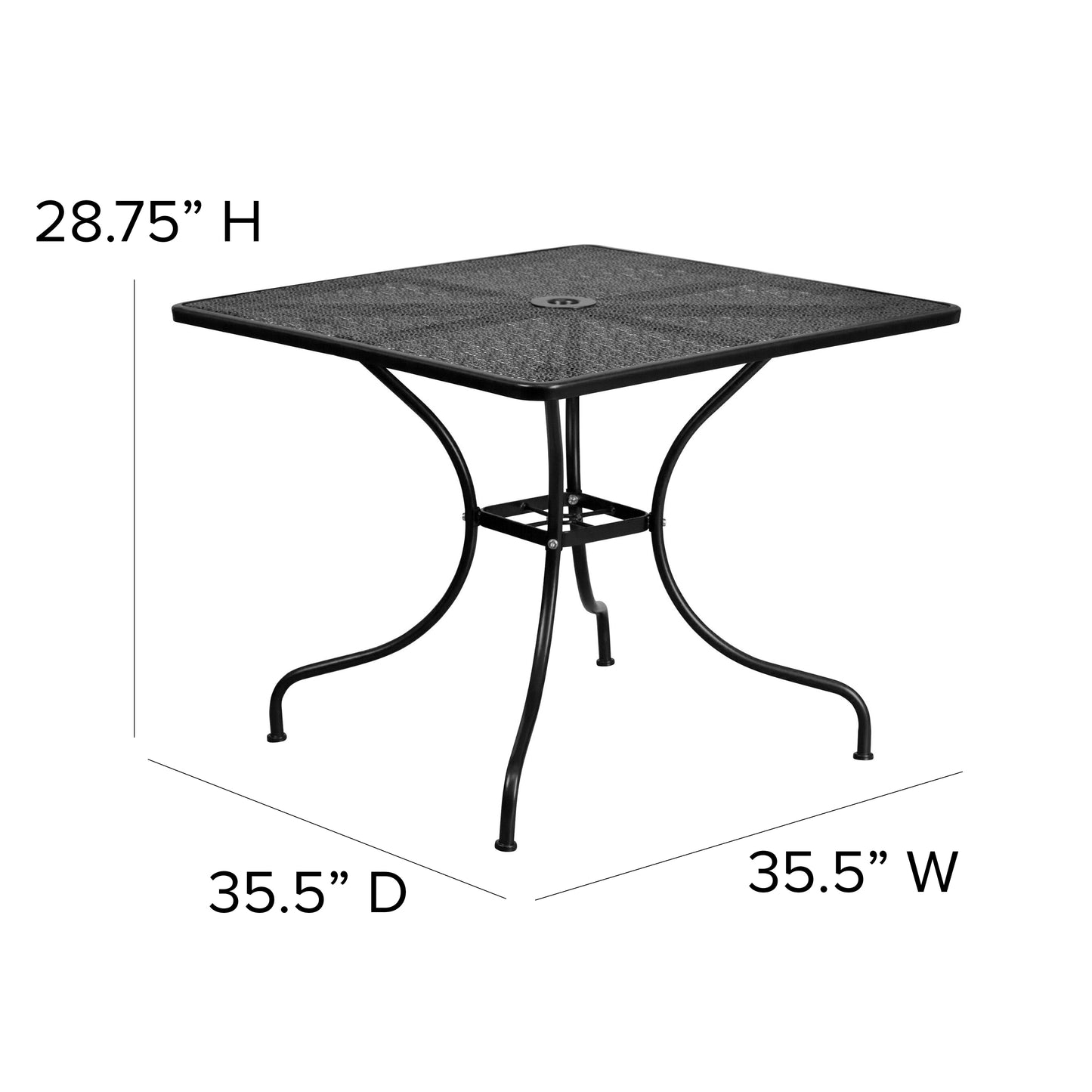 Oia Commercial Grade 35.5" Square Black Indoor-Outdoor Steel Patio Table with Umbrella Hole Black