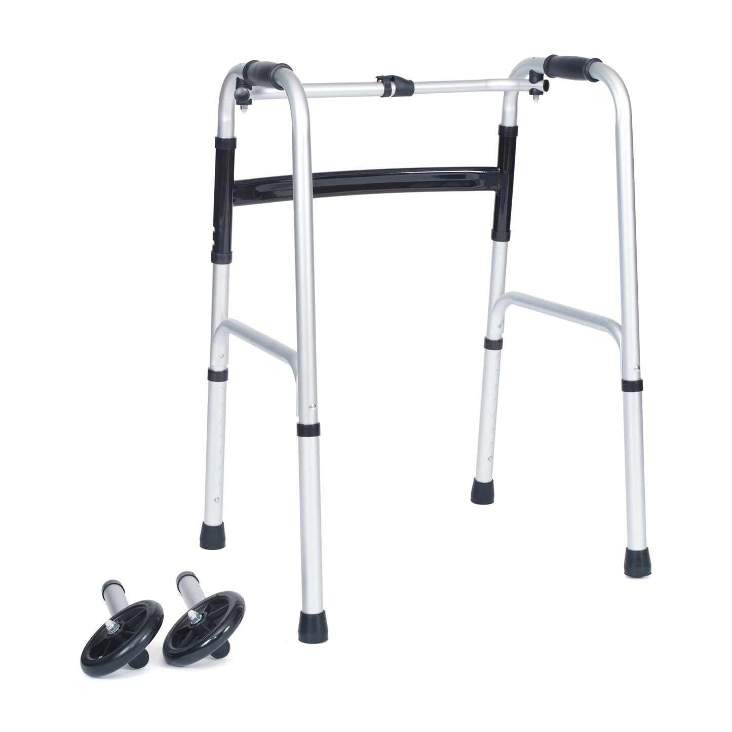 HERCULES Folding Walker with Adjustable Height, Interchangeable Wheels or Feet, Dual Frame Types, and Lightweight Design in Silver/Black Black and Silver