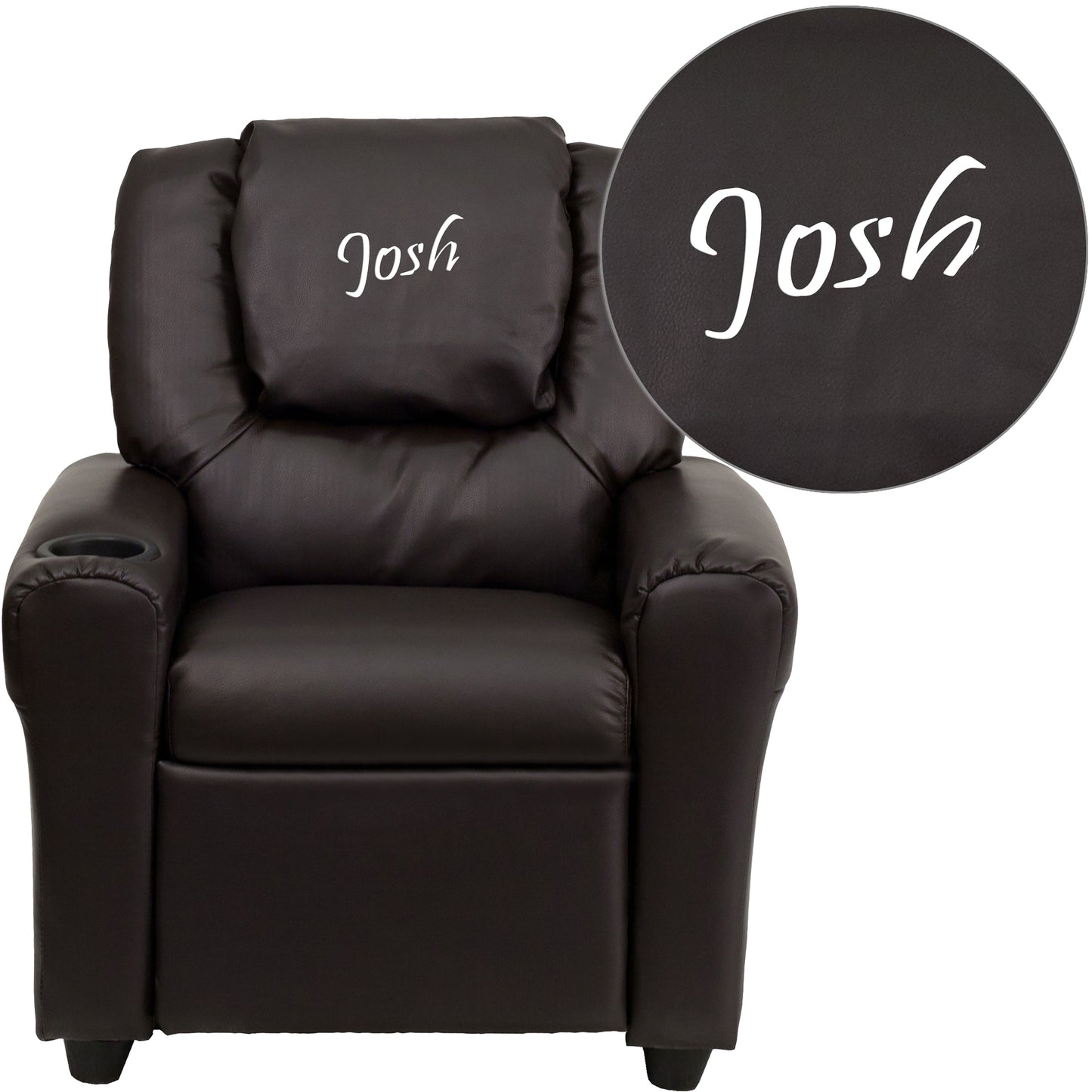 Personalized Brown LeatherSoft Kids Recliner with Cup Holder and Headrest Brown LeatherSoft