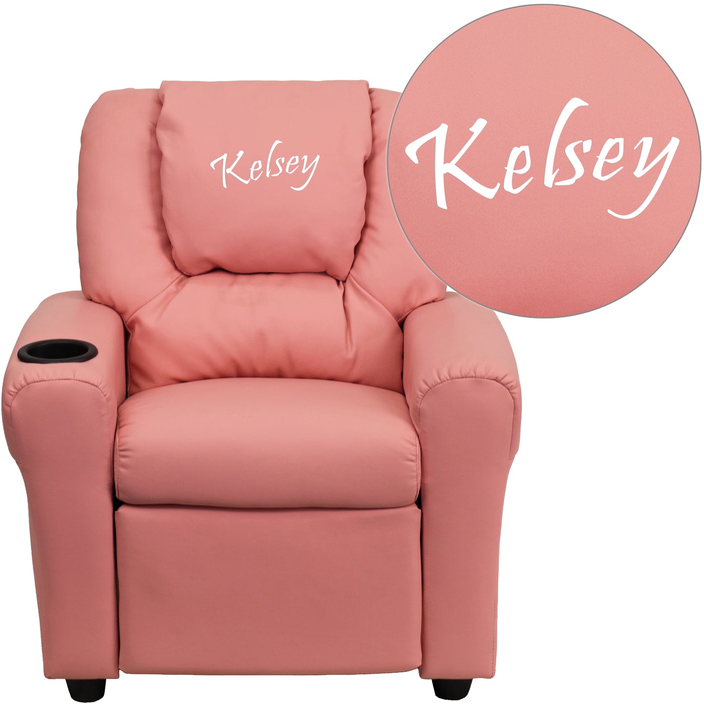 Personalized Pink Vinyl Kids Recliner with Cup Holder and Headrest Pink Vinyl