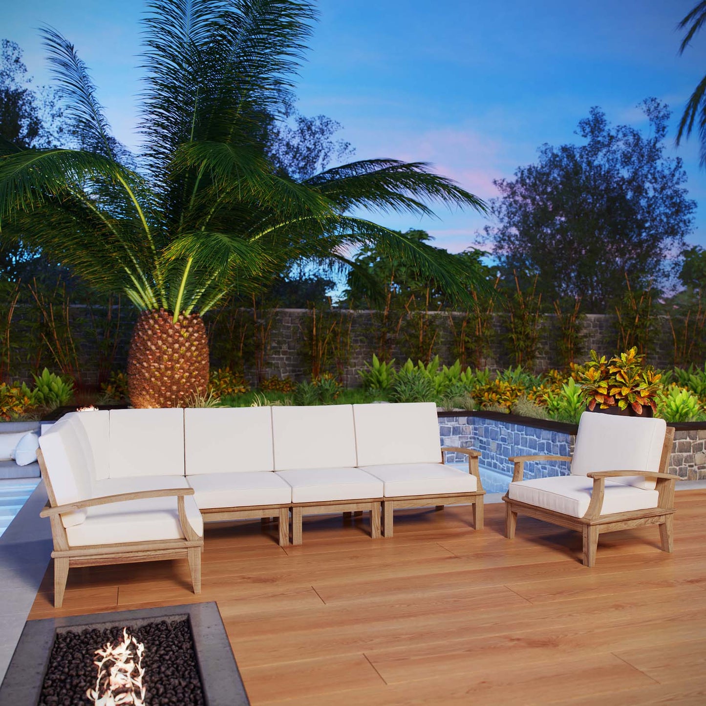 Marina 6 Piece Outdoor Patio Teak Set by Modway EEI-1816-NAT-WHI-SET