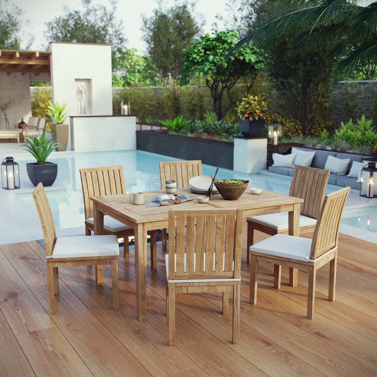 Marina 7 Piece Outdoor Patio Teak Dining Set by Modway EEI-3293-NAT-WHI-SET
