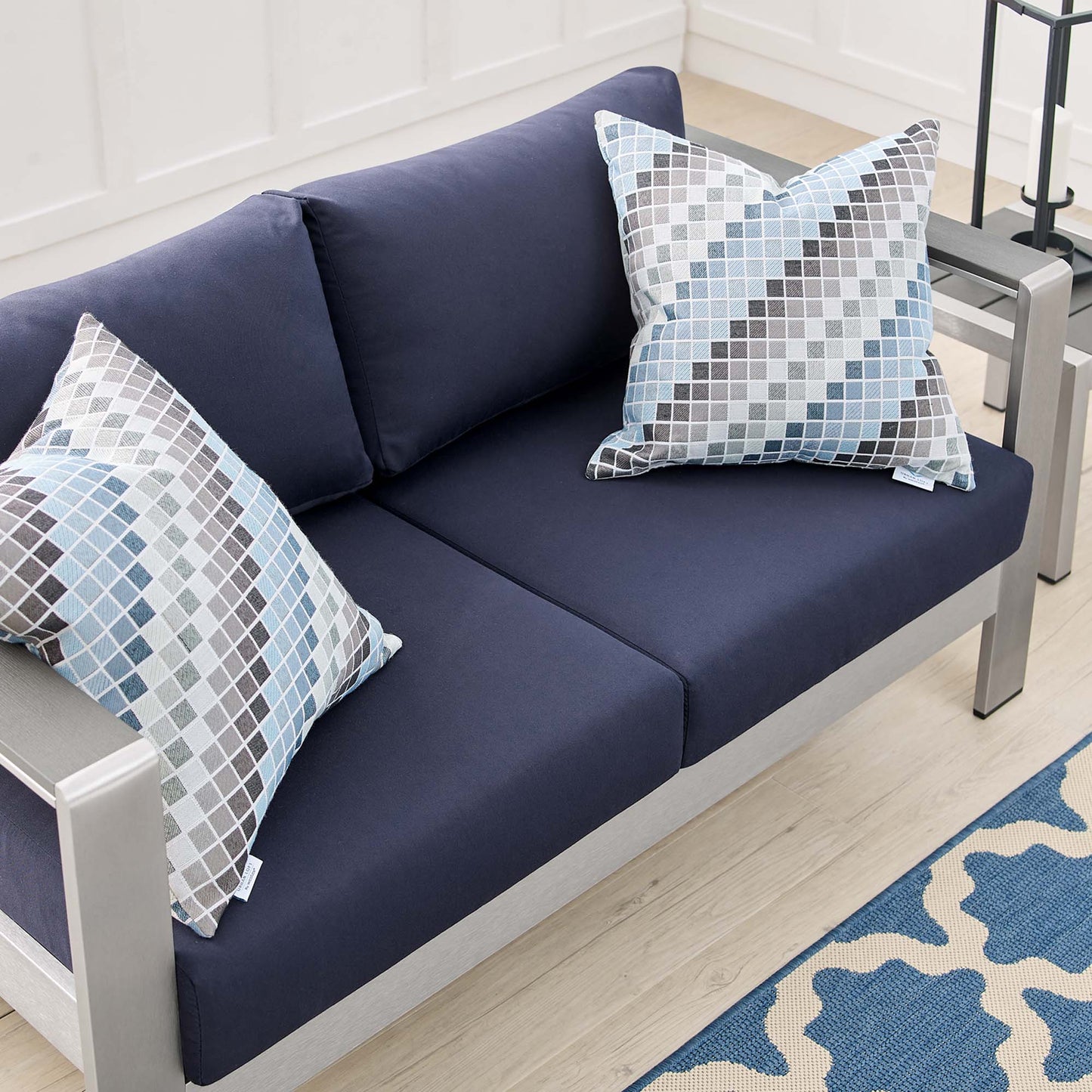 Shore Sunbrella® Fabric Aluminum Outdoor Patio Loveseat by Modway EEI-4226-SLV-NAV