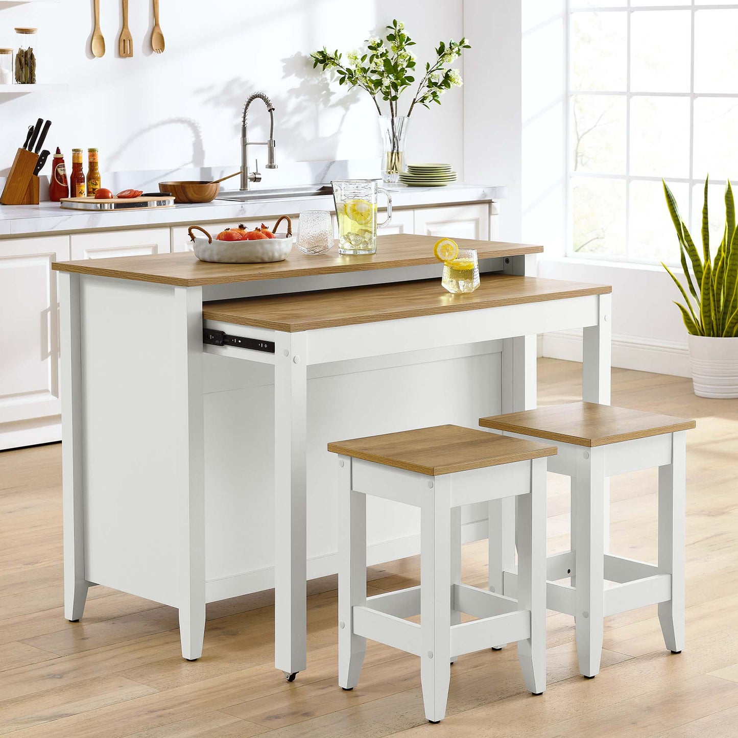Garland 3-Piece Kitchen Island and Stool Set by Modway EEI-6894-OAK-WHI