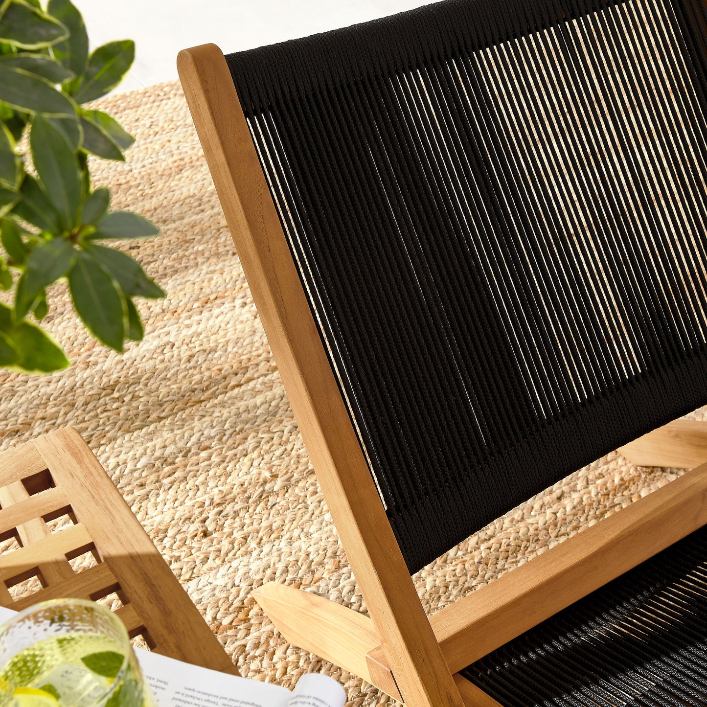 Vienna 3-Piece Outdoor Patio Teak and Rope Folding Lounge Chairs and Side Table by Modway EEI-6937-NAT-BLK