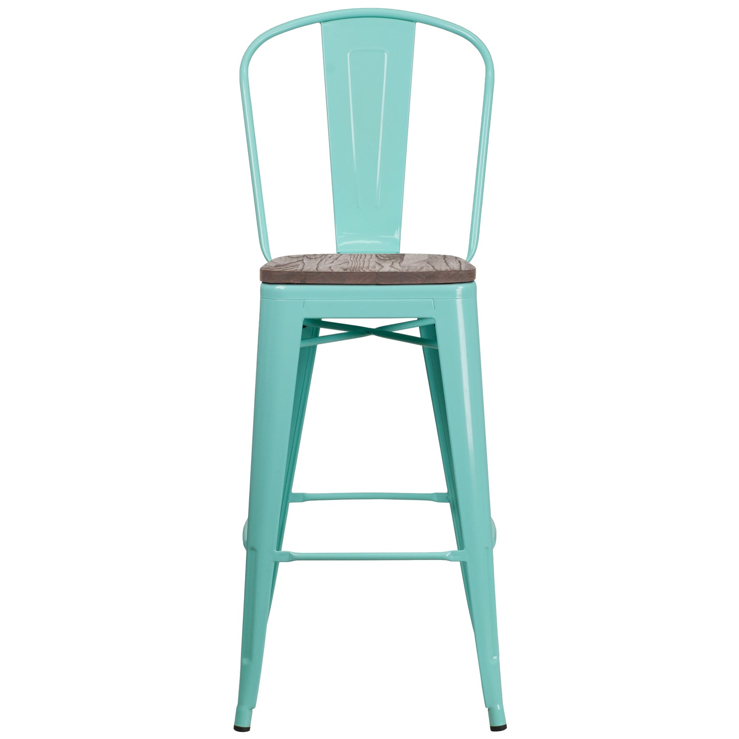 Cindy 30" High Mint Green Metal Barstool with Back and Wood Seat Mint Green