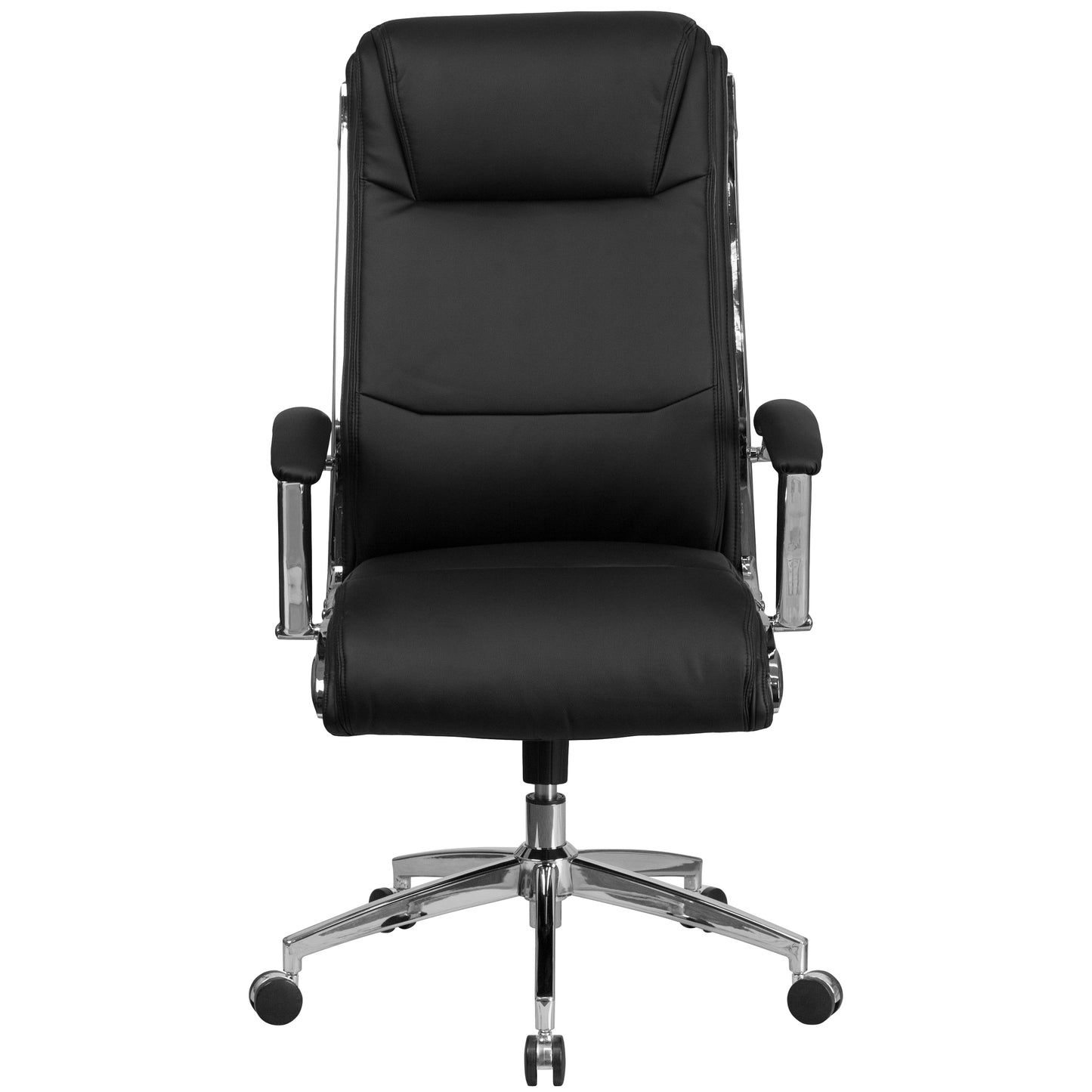 Rebecca High Back Designer Black LeatherSoft Smooth Upholstered Executive Swivel Office Chair with Chrome Base and Arms Black