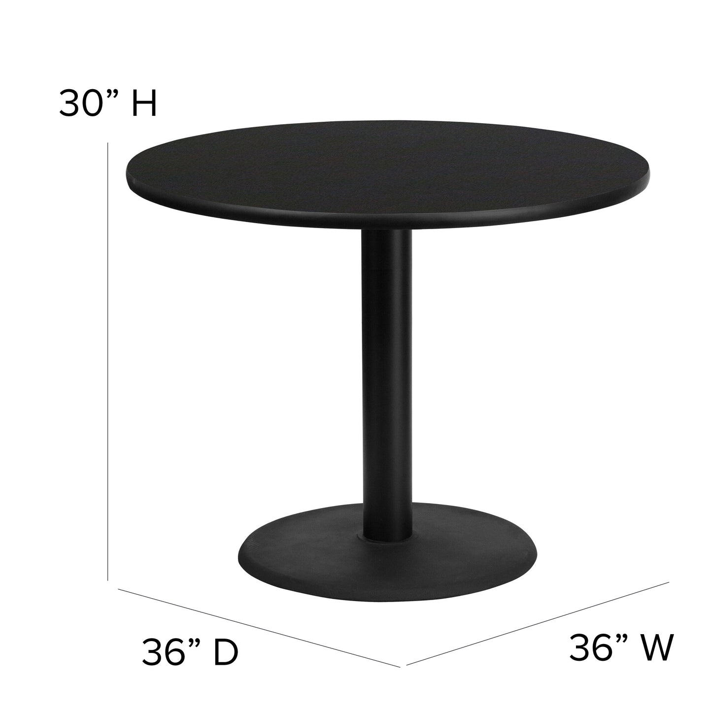 Carlton 36'' Round Black Laminate Table Set with X-Base and 4 Black Trapezoidal Back Banquet Chairs Black Top/Black Vinyl Seat