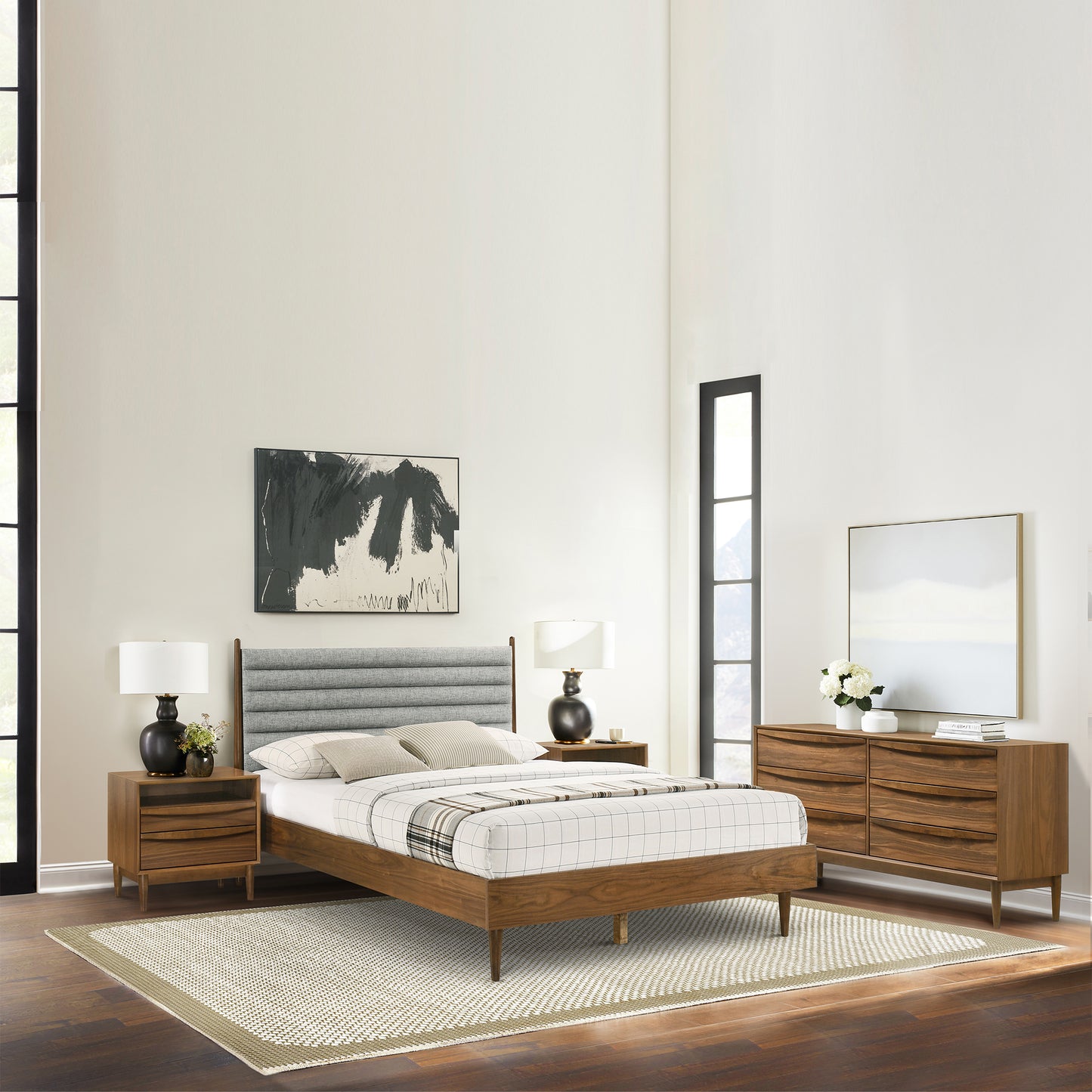 Artemio Platform Wood Bed Frame in Black and Walnut Finish - King and Queen Sizes