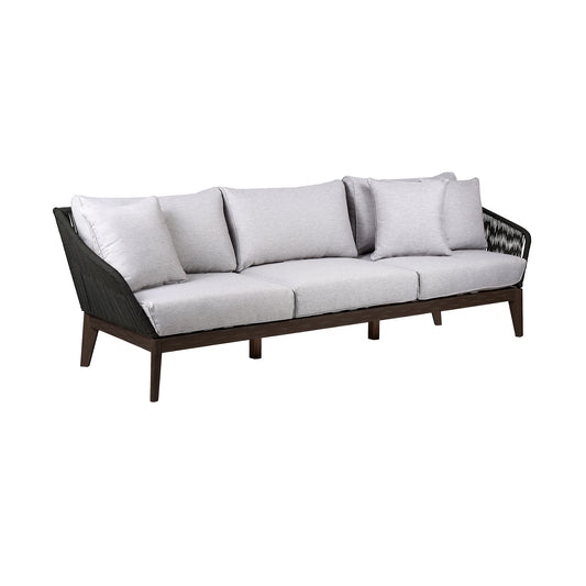Athos Indoor Outdoor 3 Seater Sofa in Dark Eucalyptus Wood with Charcoal Rope and Gray Cushions