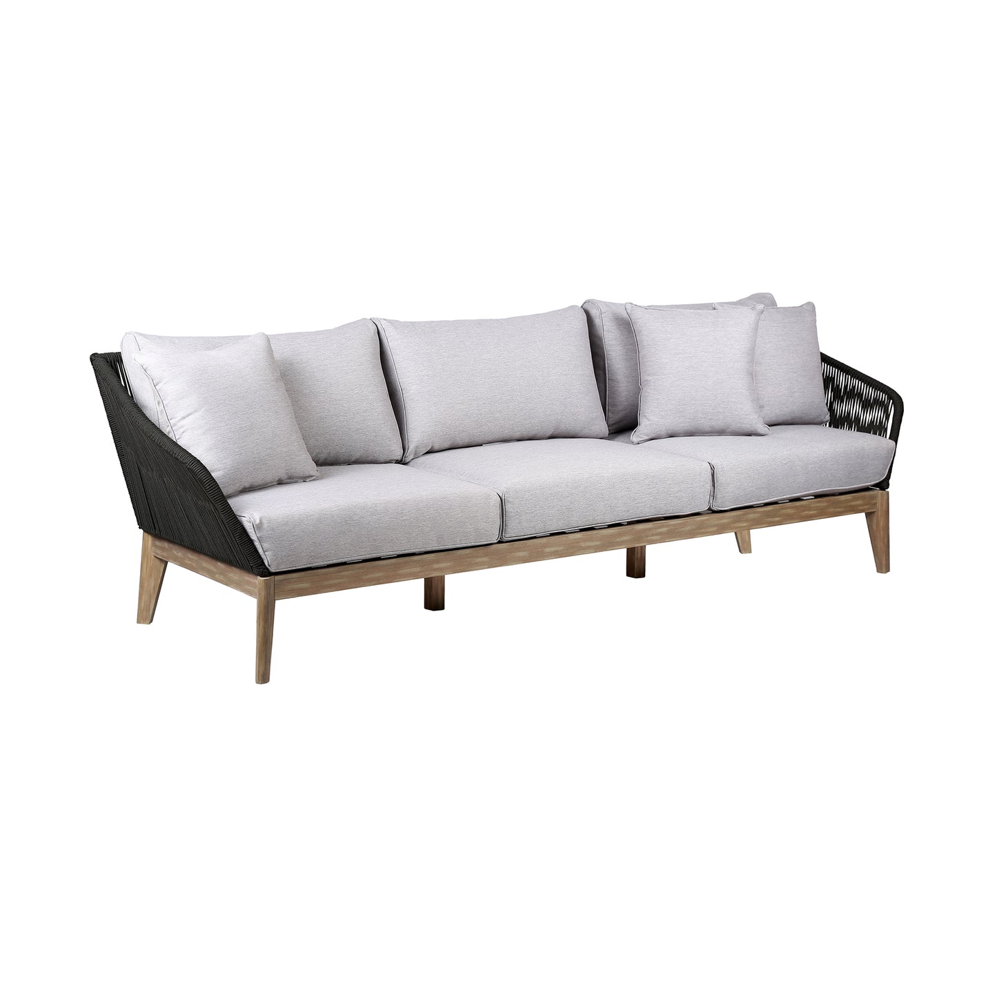 Athos Indoor Outdoor 3 Seater Sofa in Light Eucalyptus Wood with Charcoal Rope and Gray Cushions