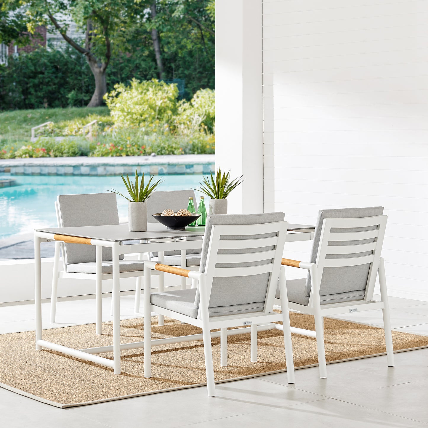 Crown White Aluminum and Teak Outdoor Dining Table with Stone Top