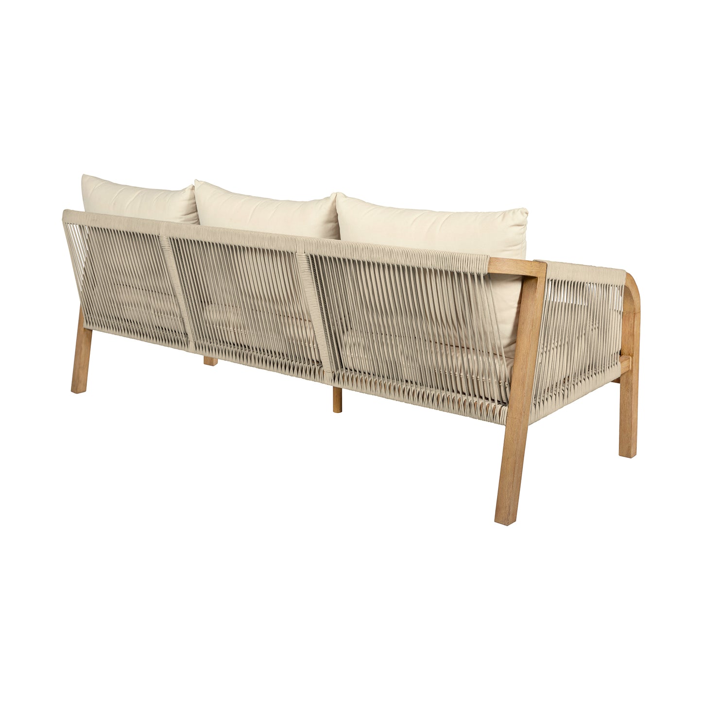 Cypress Outdoor Patio Sofa in Blonde Eucalyptus Wood and Light Gray Rope with Ivory Olefin Cushions