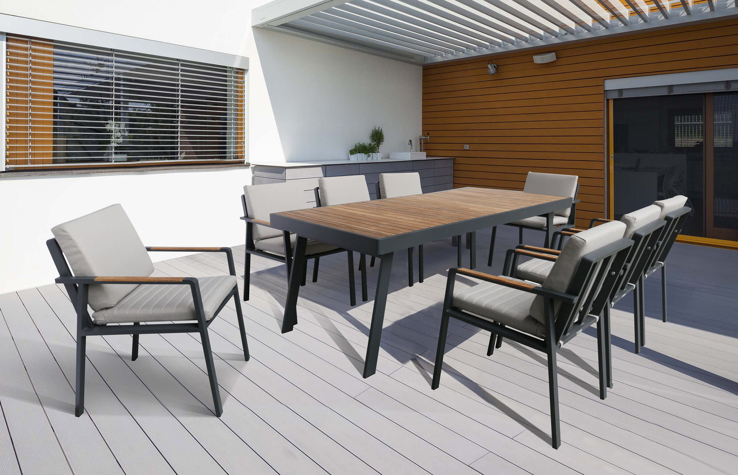 Nofi Outdoor Patio Dining Table in Charcoal Finish with Teak Wood Top