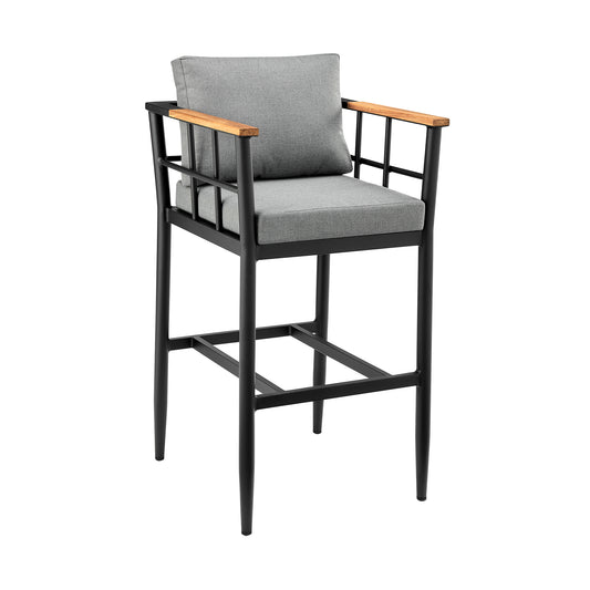Orlando Outdoor Patio Bar Stool in Aluminum and Teak with Gray Cushions