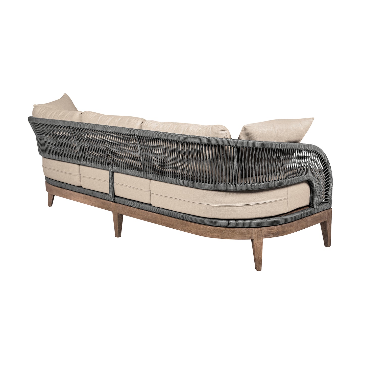 Orbit Outdoor Patio Sofa in Weathered Eucalyptus Wood with Gray Rope and Taupe Olefin Cushions