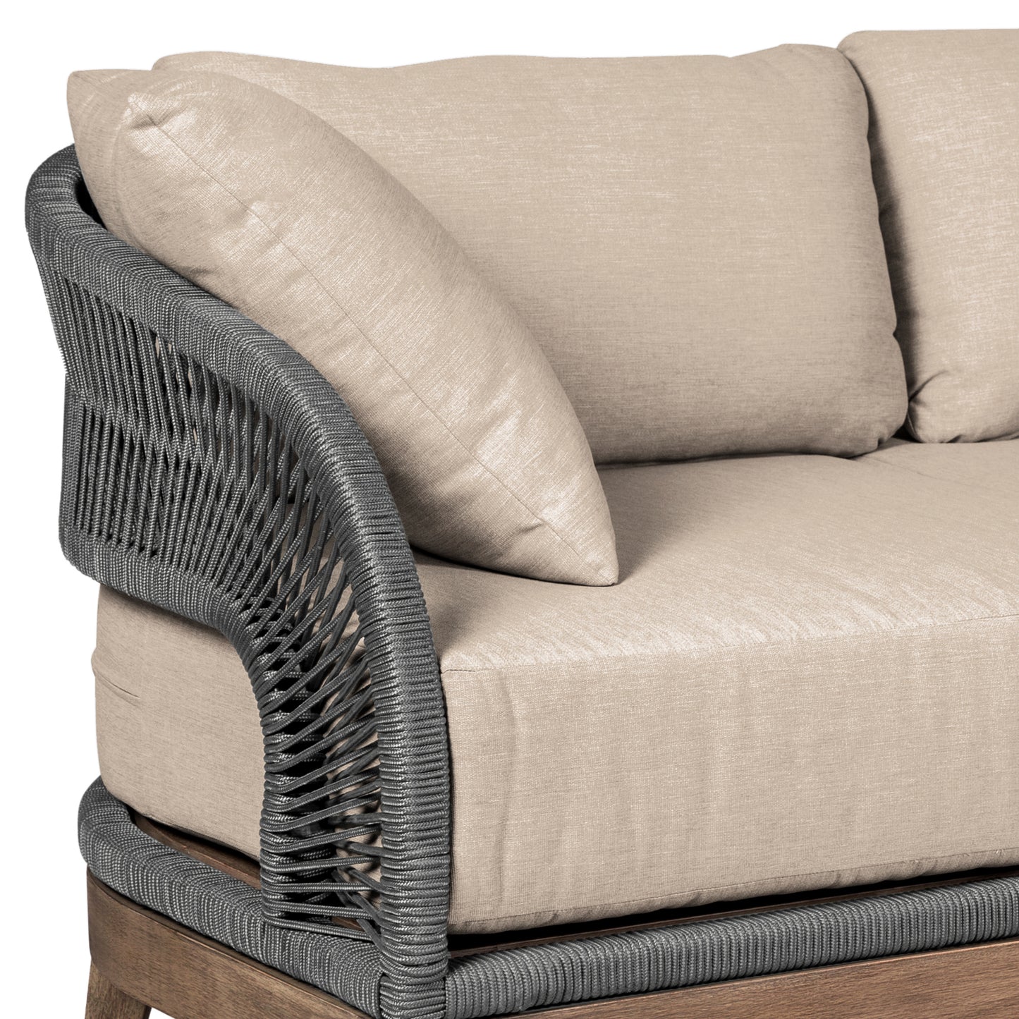 Orbit Outdoor Patio Sofa in Weathered Eucalyptus Wood with Gray Rope and Taupe Olefin Cushions